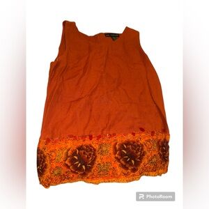 Vintage Orange Floral Hem Sleeveless Top Linen Blend Boho Size Small